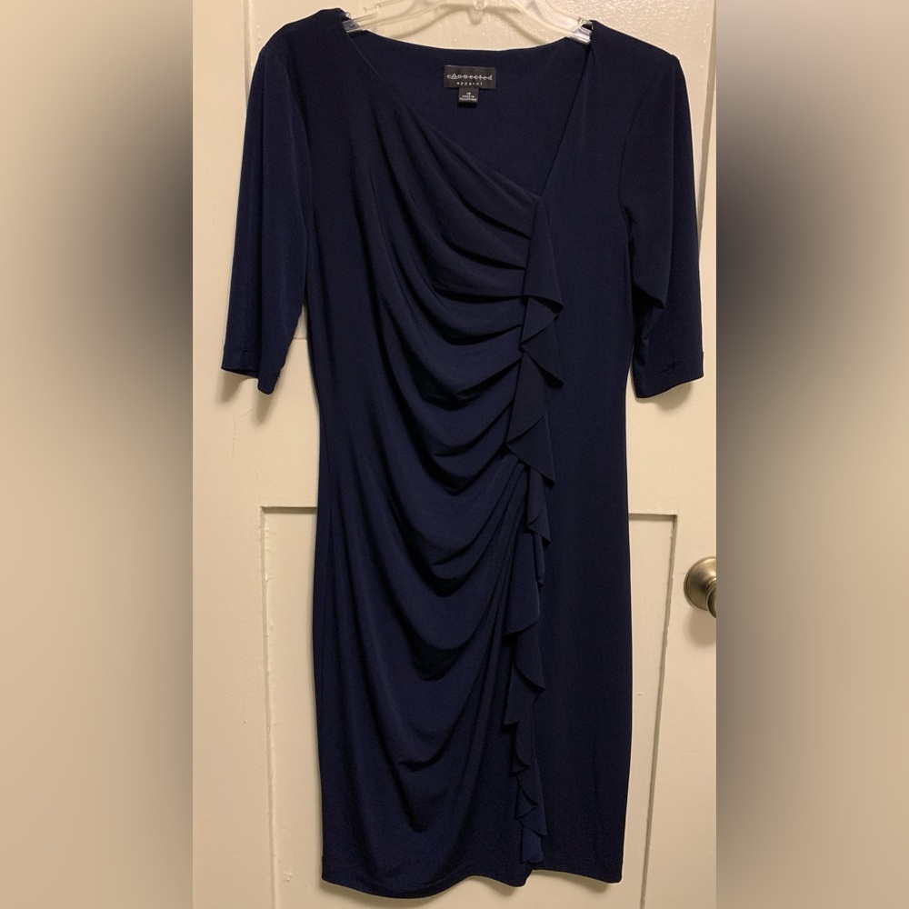 Connected Apparel elbow sleeved dress with flattering gathered pleats Navy Blue